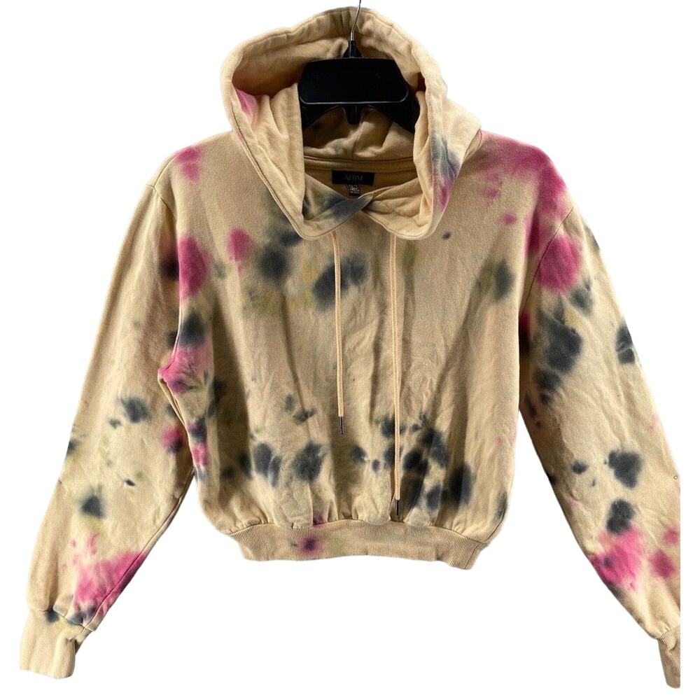 AFRM Sweatshirt Womens Small Crop Hoodie Tan Tie Dye Cotton‎ Blend Stretch